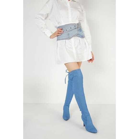 Women Blue Polyurethane Pointed Toe Over The Knee Thigh High Stiletto Heel Boot - Picture 4 of 8